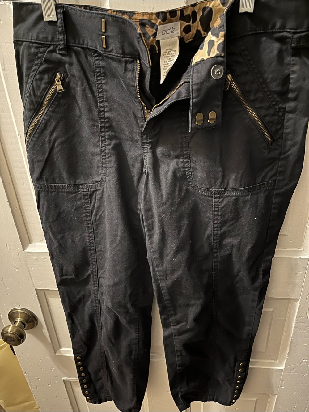 Cache Black Cargo-Style Capris with Gold Zippers & Studs